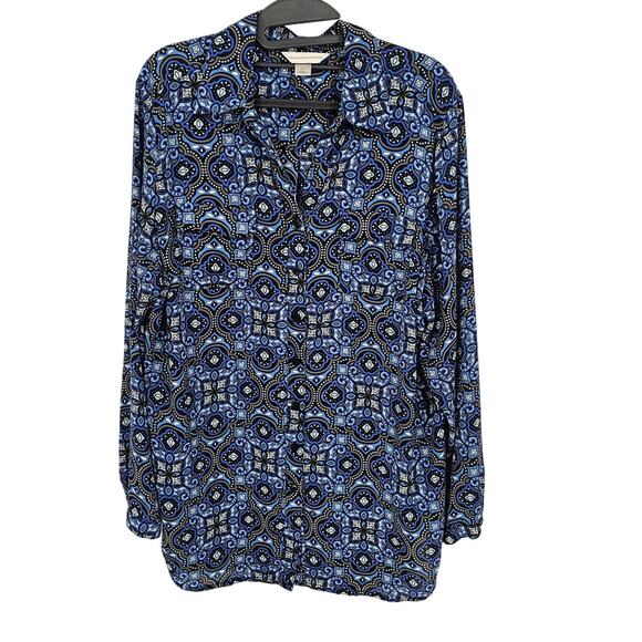 Christopher and Banks Blue Multi Print Long Sleeve Button Up Blouse XL Paisley - Picture 1 of 7